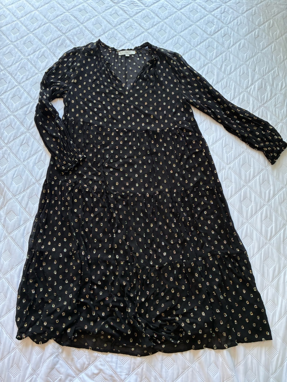 LOFT Black Sheer Floral Print V-Neck Long Sleeve Dress - Size L